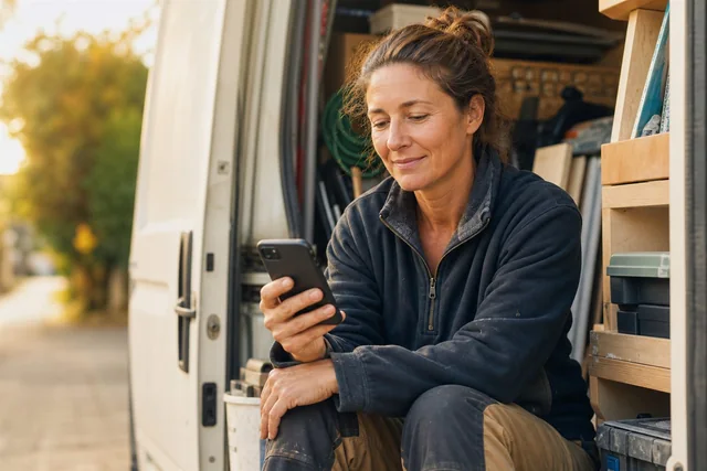 Une artisane assise à l’arrière de son utilitaire lit une fiche d’appel sur son téléphone.