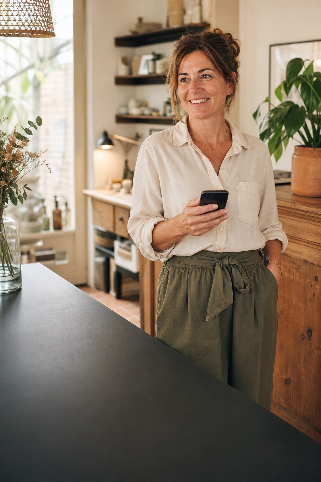 Une professionnelle souriante dans son espace de travail, téléphone en main