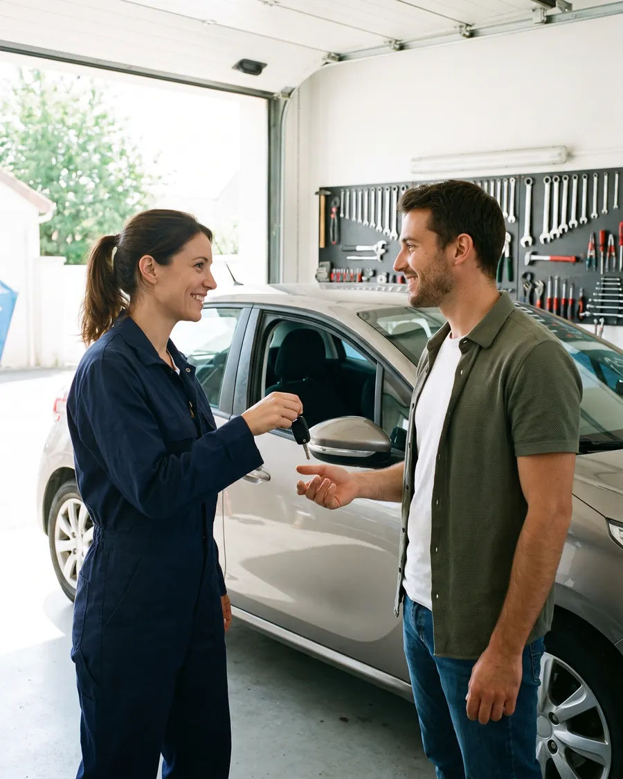 Une mécanicienne rend ses clés à un client dans son garage