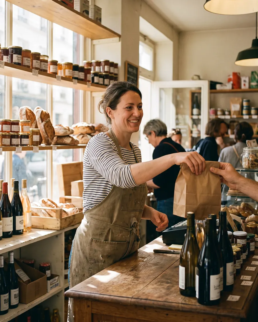 Une commerçante tend un sac à une cliente dans sa boutique de quartier