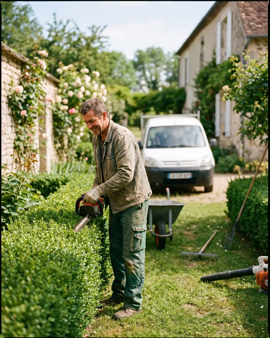Un jardinier entretient une haie chez un particulier