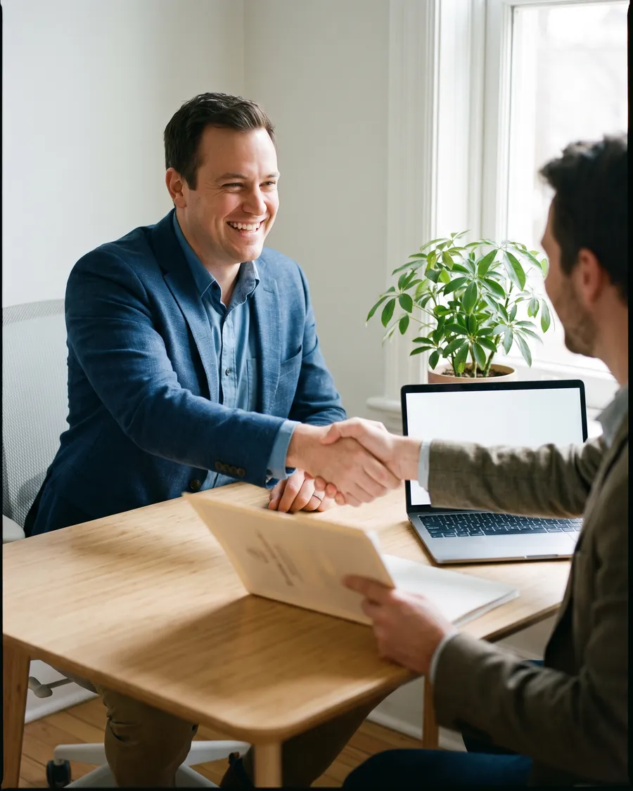 Un professionnel accueille un client dans son bureau