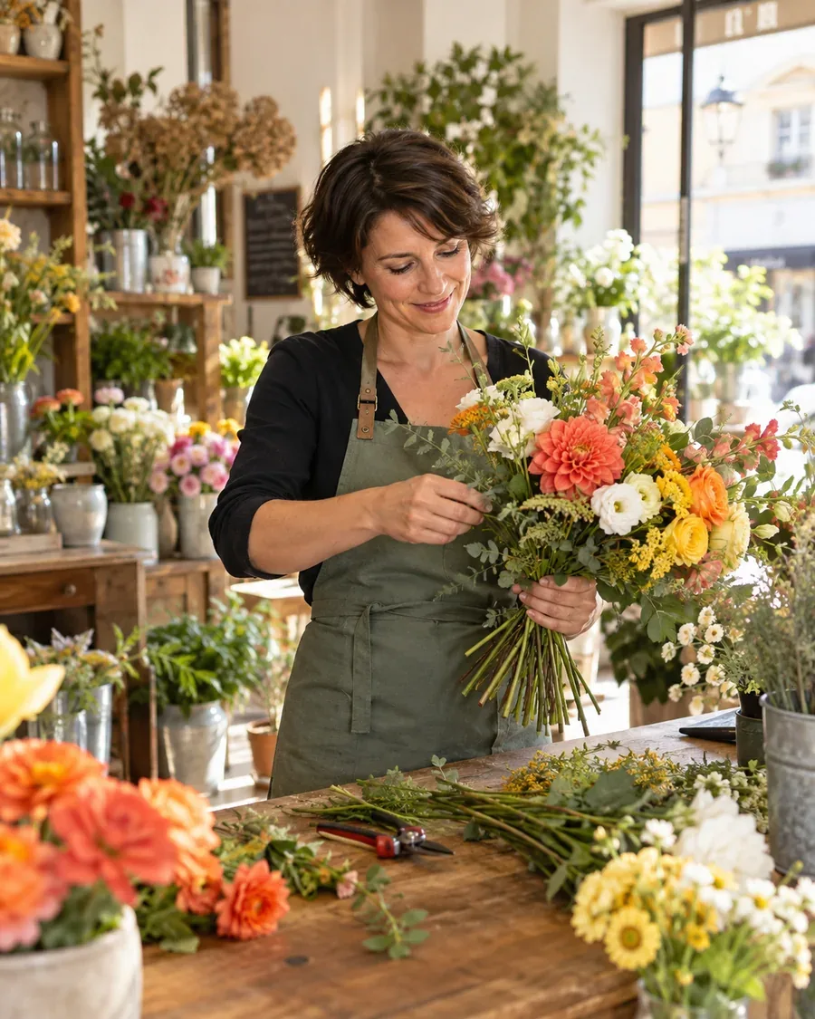 Un fleuriste compose un bouquet dans sa boutique